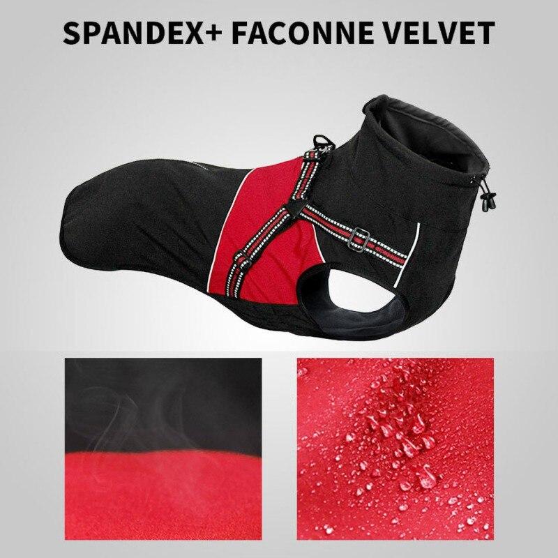 A small dog wearing a waterproof winter vest jacket, showcasing its stylish solid design and warm cotton material, perfect for cold weather.