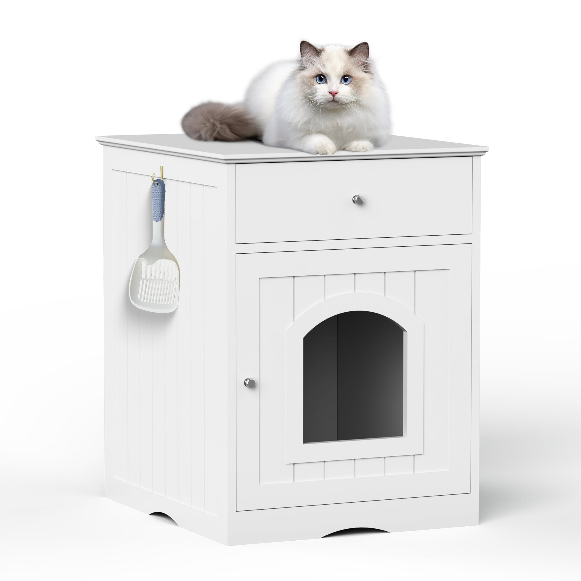 Wooden Pet House Cat Litter Box Enclosure with Drawer, stylish side table design for cats, made of solid wood in white color.