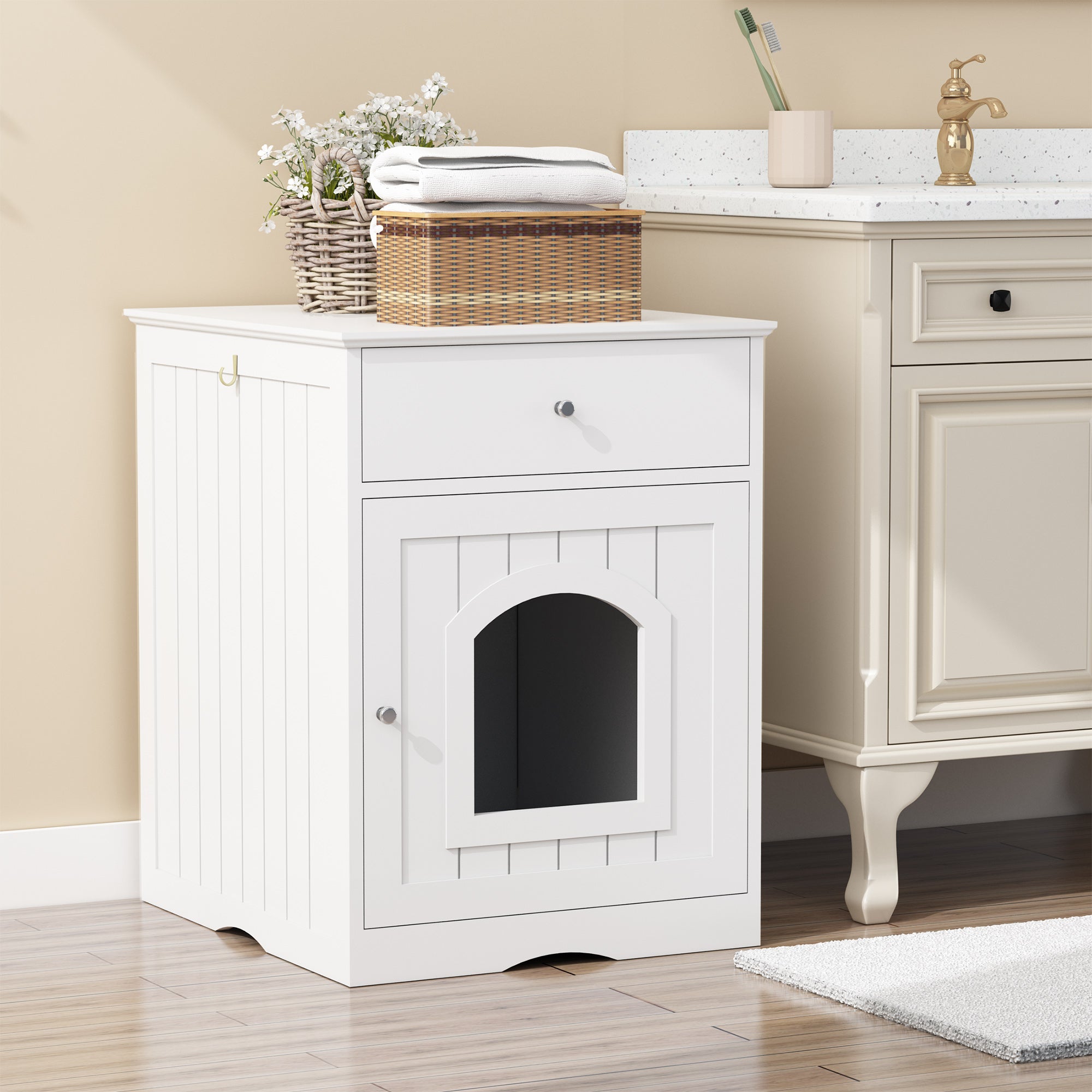 Wooden Pet House Cat Litter Box Enclosure with Drawer, stylish side table design for cats, made of solid wood in white color.