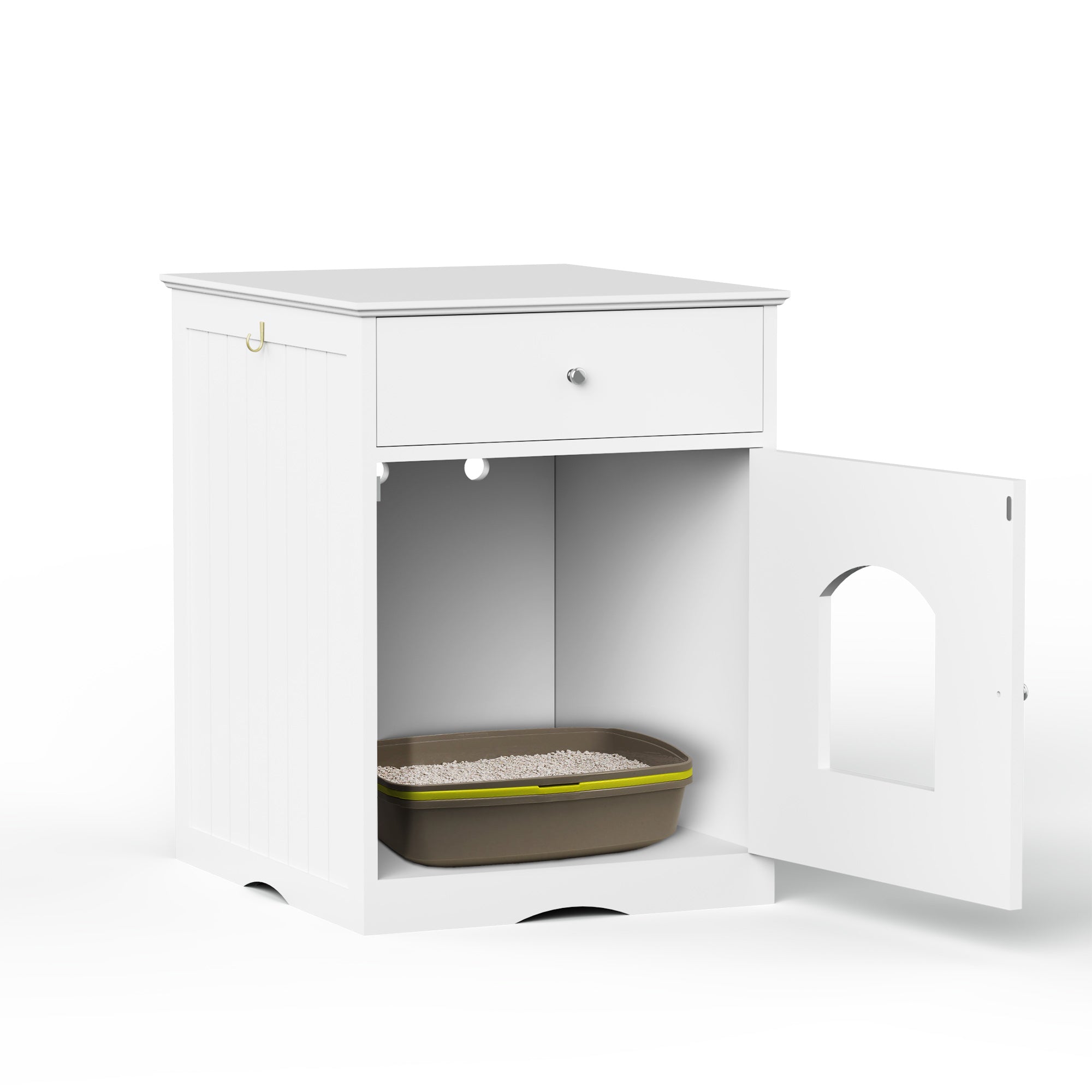 Wooden Pet House Cat Litter Box Enclosure with Drawer, stylish side table design for cats, made of solid wood in white color.
