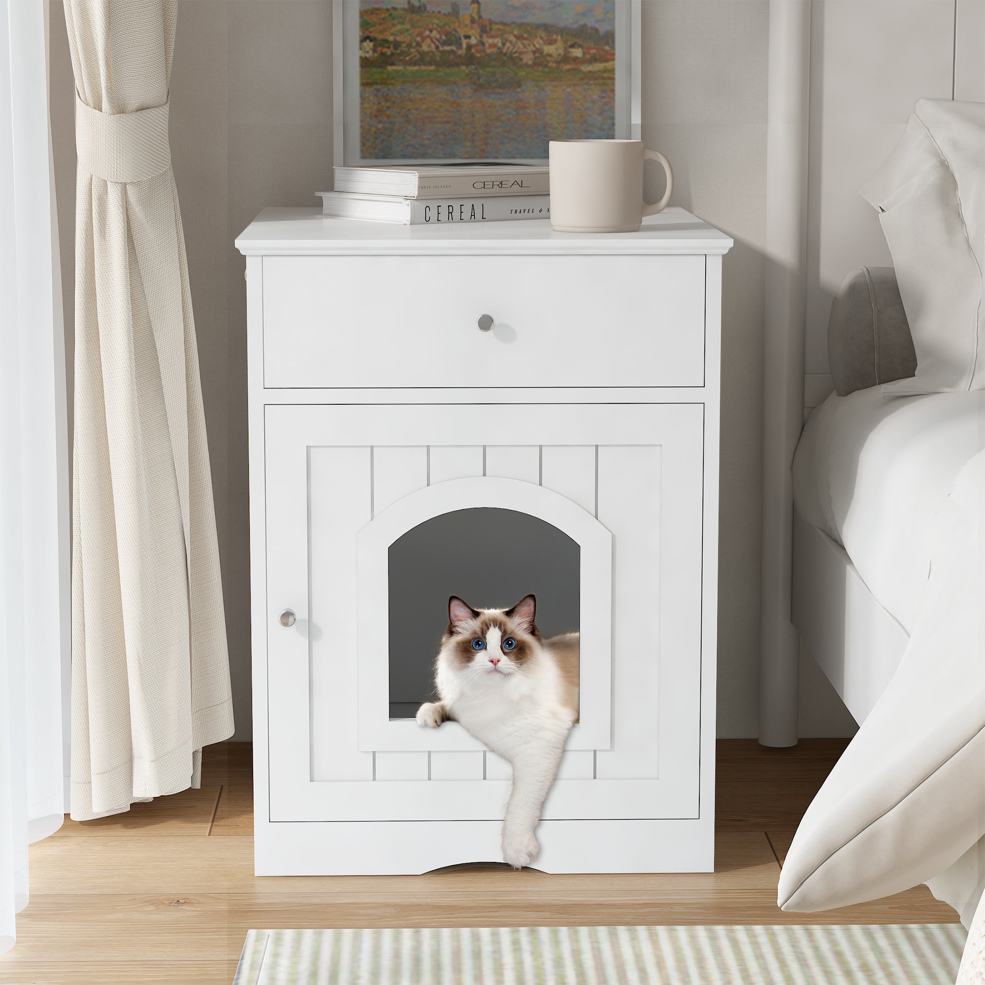 Wooden Pet House Cat Litter Box Enclosure with Drawer, stylish side table for indoor use, featuring a spacious interior and elegant design.