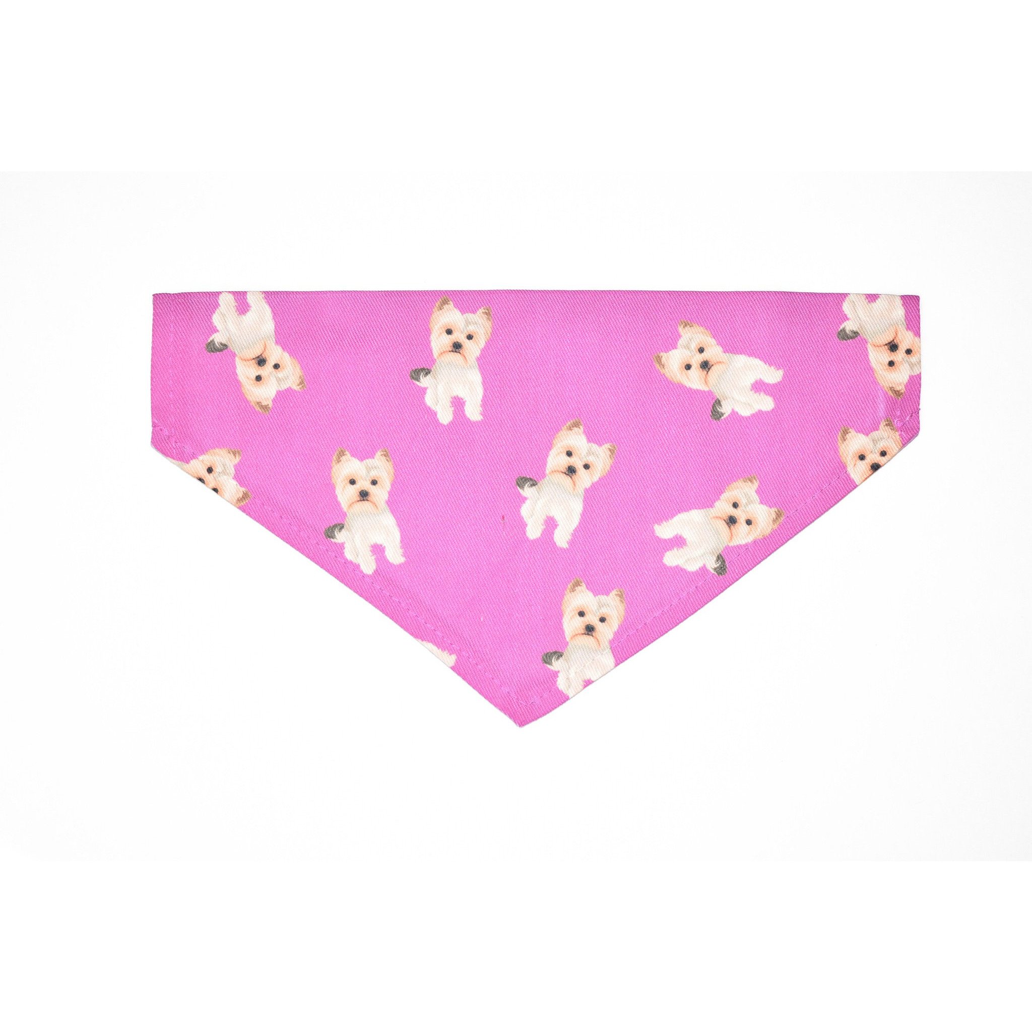 A stylish slip-on bandana for Yorkies, made from durable canvas fabric, featuring a unique design and handmade quality.