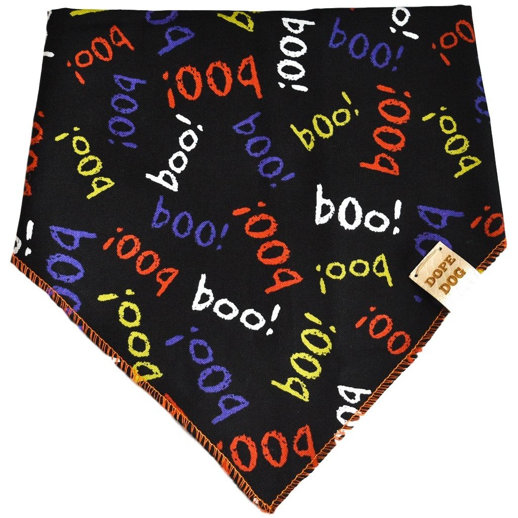 You're My Boo dog bandana featuring Halloween-themed fabric, lightweight cotton, and a vegan leather dog tag, perfect for mini and giant dogs.