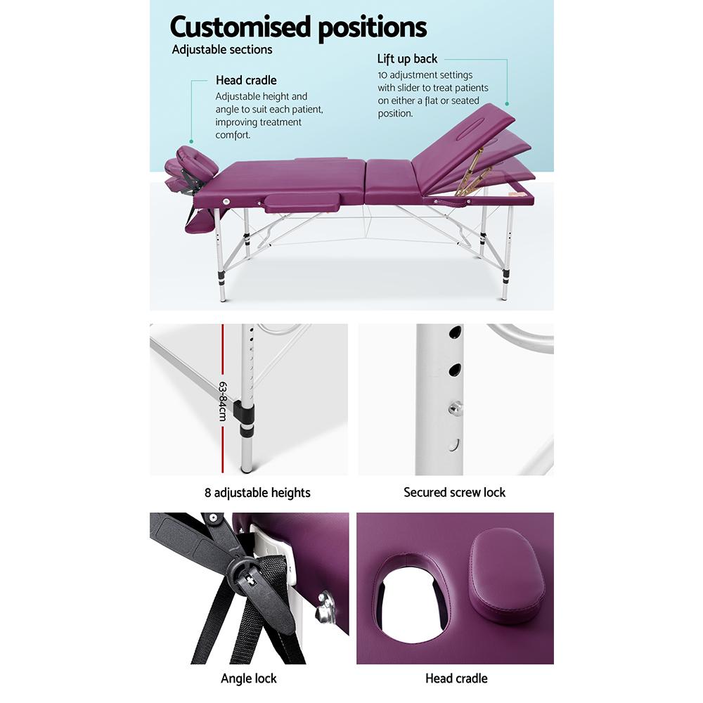 Zenses 3 Fold Portable Aluminium Massage Table in violet color, showcasing its sturdy design and adjustable features.