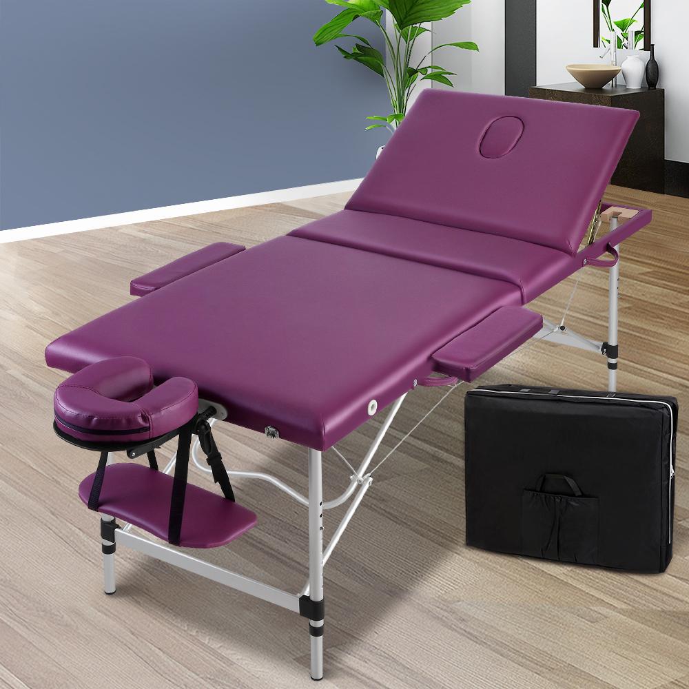 Zenses 3 Fold Portable Aluminium Massage Table in violet color, showcasing its sturdy design and adjustable features.