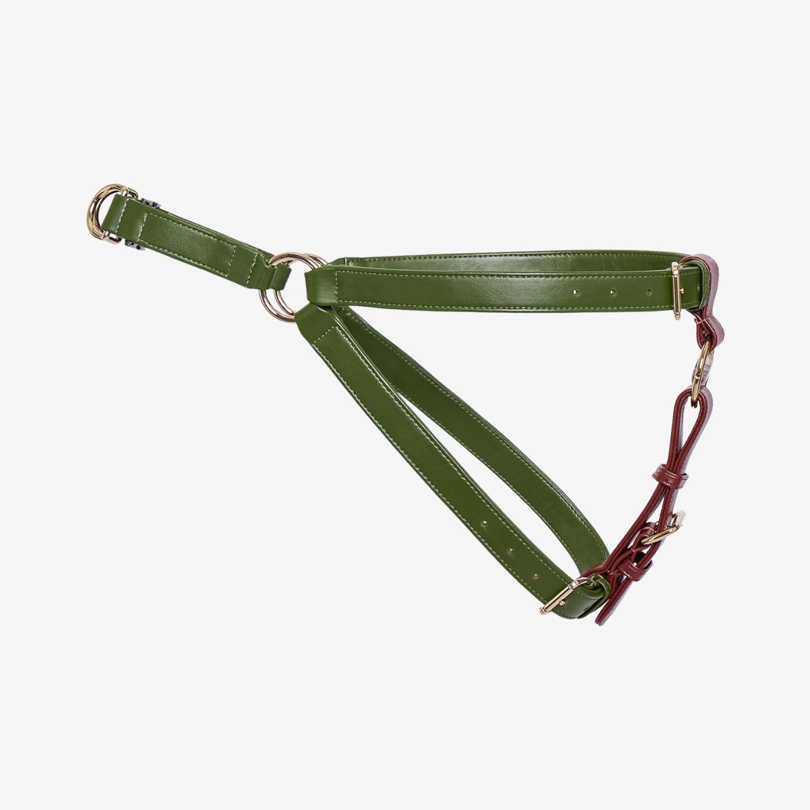 Zippy Peasy Harness in Nopal Green and Bordeaux Red with gold hardware, designed for comfort and safety.