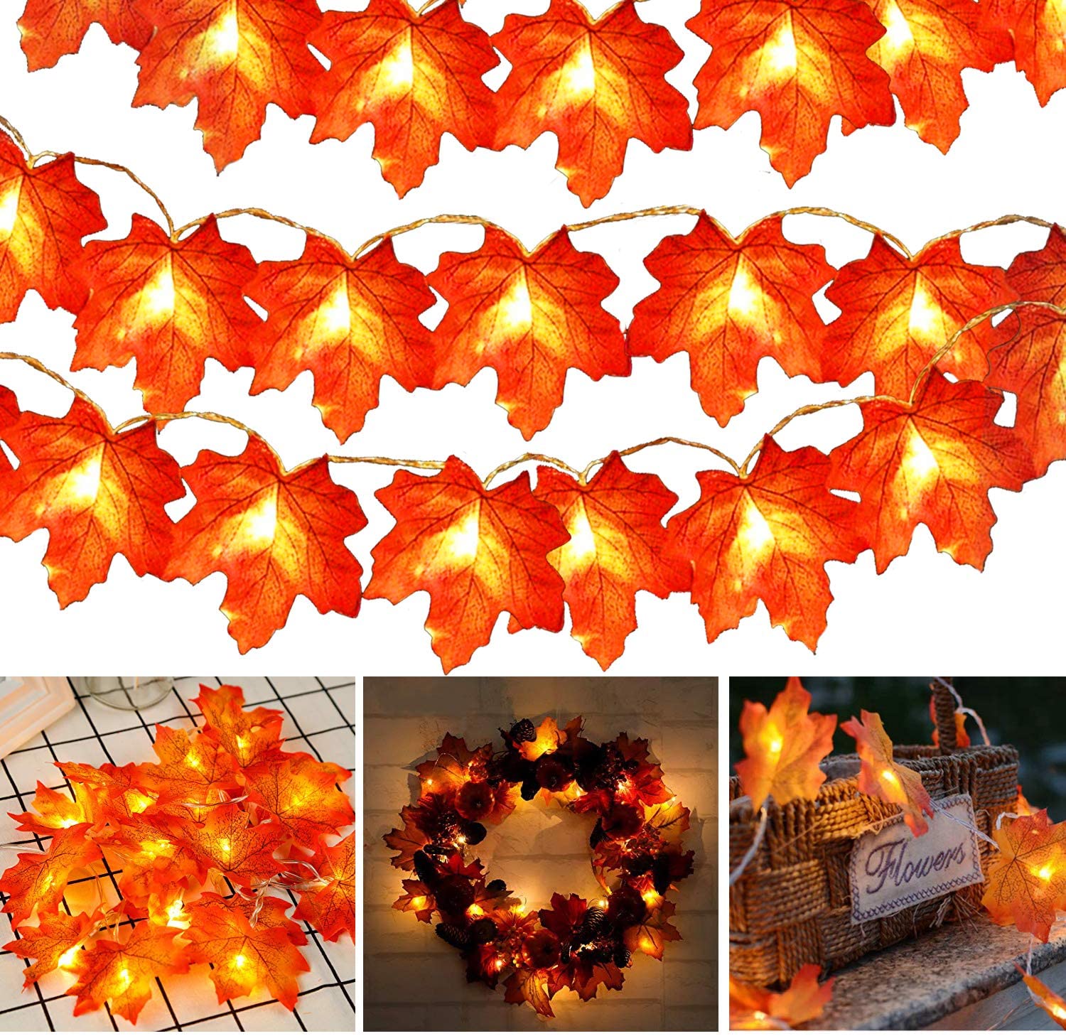 10Ft Maple Leaf String Lights featuring 20 LED lights and cloth maple leaves, perfect for autumn and holiday decorations.