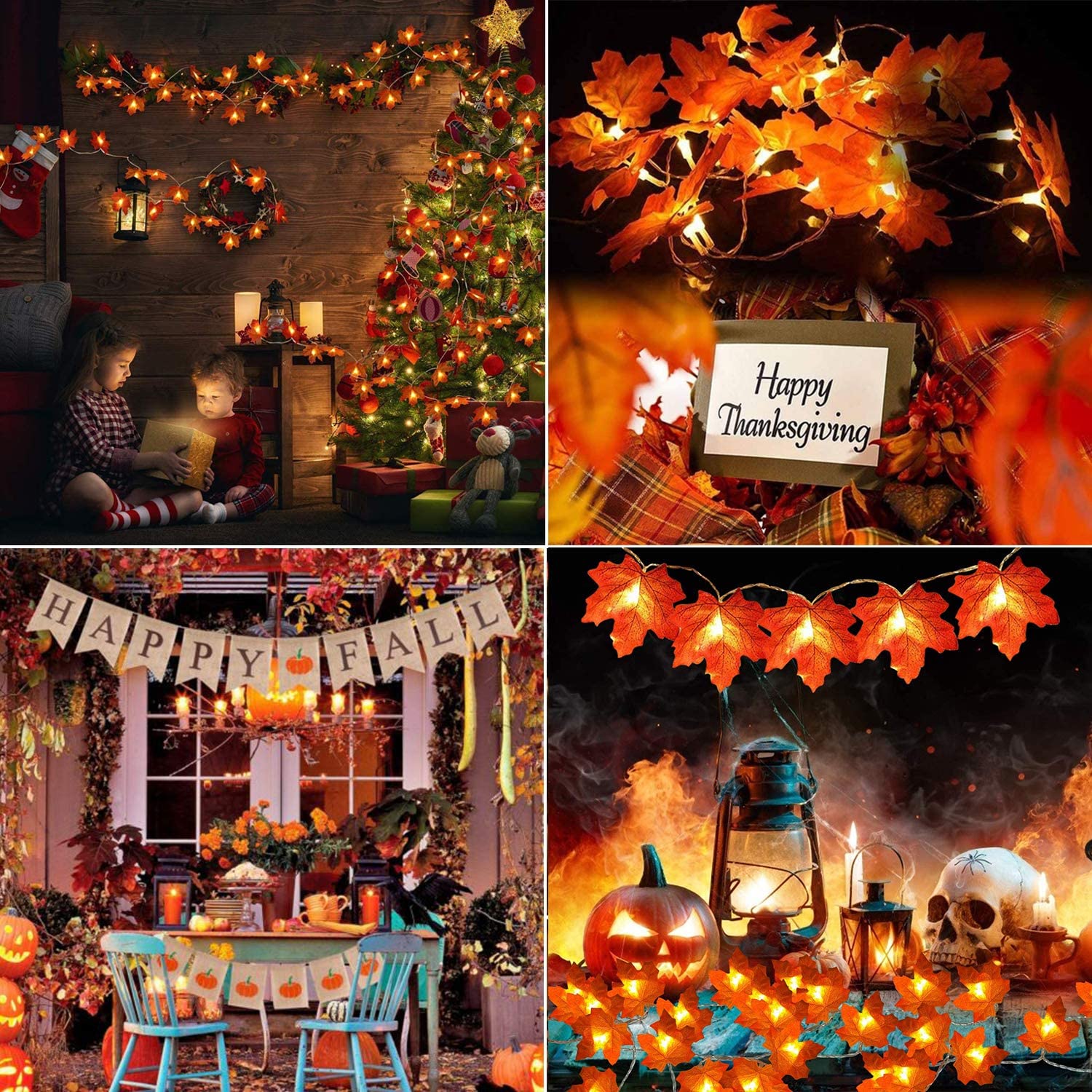 30 Lights Maple Leaf String Lights with vibrant orange-red leaves, perfect for Thanksgiving and Christmas decorations.