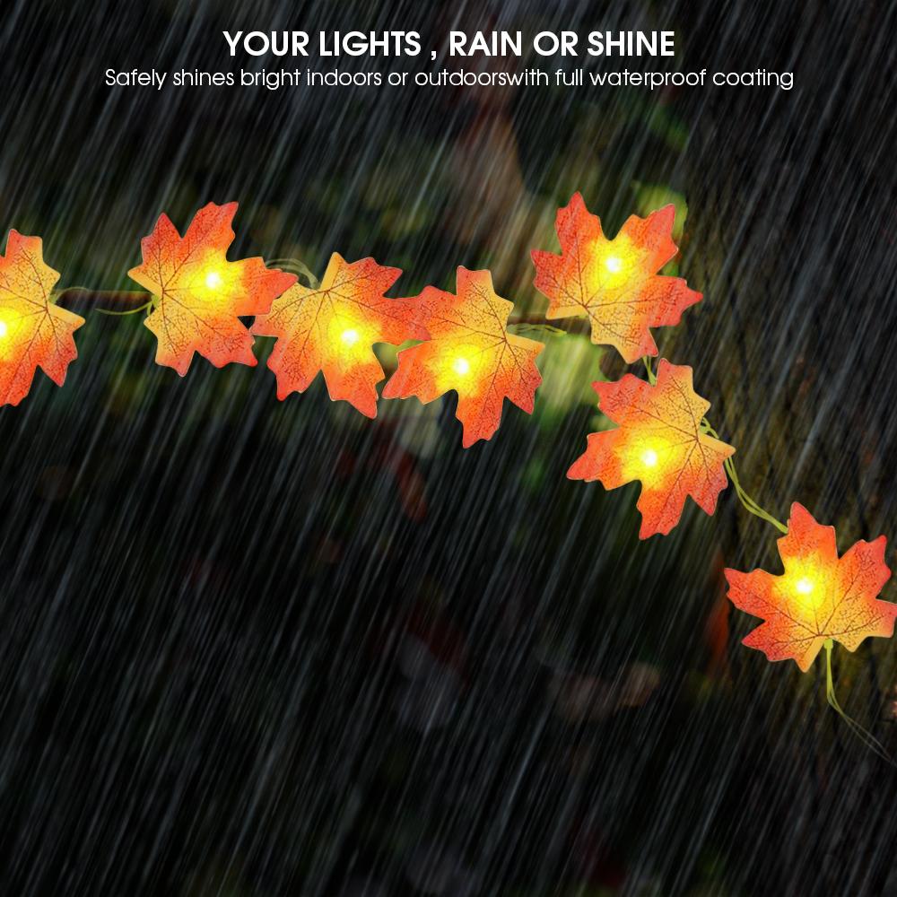 30 Lights Maple Leaf String Lights with vibrant orange-red leaves, perfect for Thanksgiving and Christmas decorations.