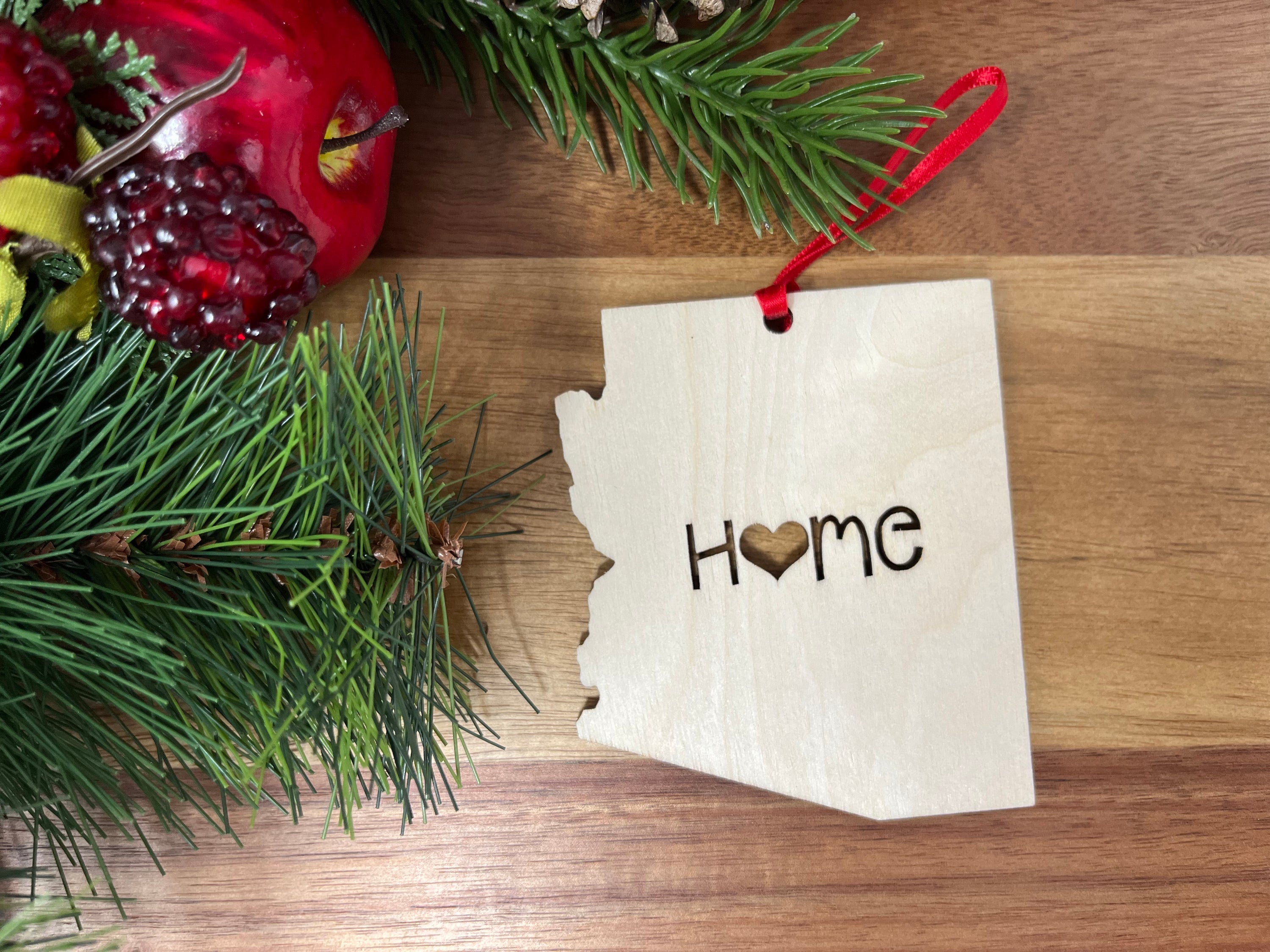Arizona State Wood Christmas Ornament made from Baltic Birch, featuring a charming design perfect for holiday decor.