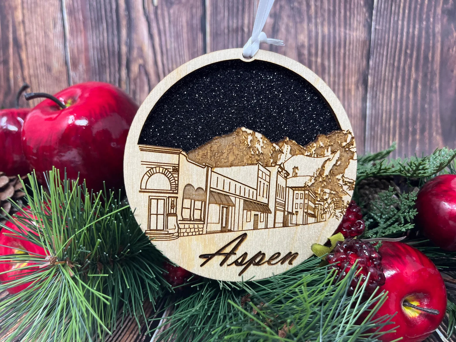 Aspen Skyline Ornament made from premium Baltic birch wood, showcasing a detailed city skyline design.