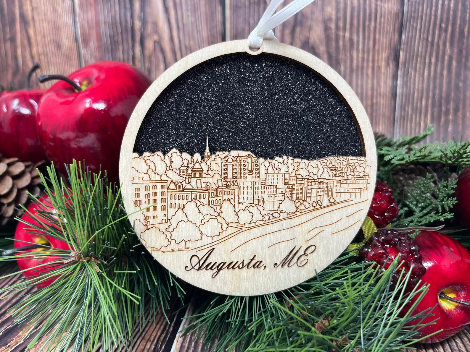 Augusta Maine Skyline Ornament made from premium Baltic birch wood, showcasing intricate skyline details.