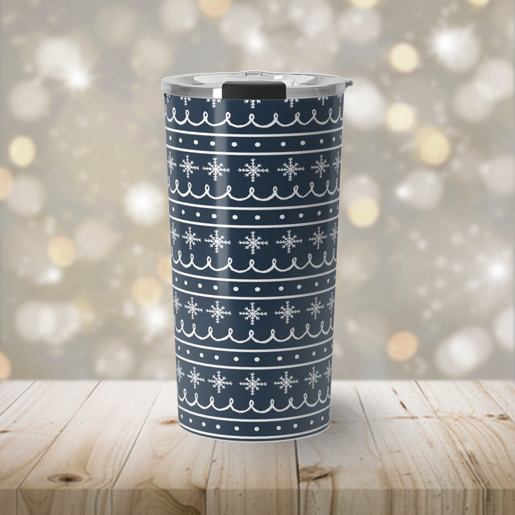 Blue Snowflake Pattern Travel Coffee Mug made of stainless steel with a double-walled design, featuring a beautiful snowflake pattern.