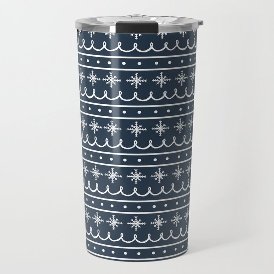Blue Snowflake Pattern Travel Coffee Mug made of stainless steel with a double-walled design, featuring a beautiful snowflake pattern.