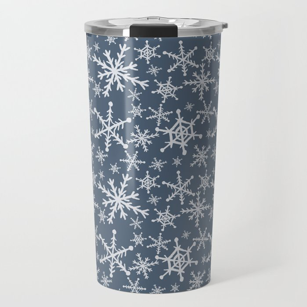 Blue Snowflakes Travel Coffee Mug featuring a stunning snowflake design, made of durable stainless steel with a vacuum-sealed lid.