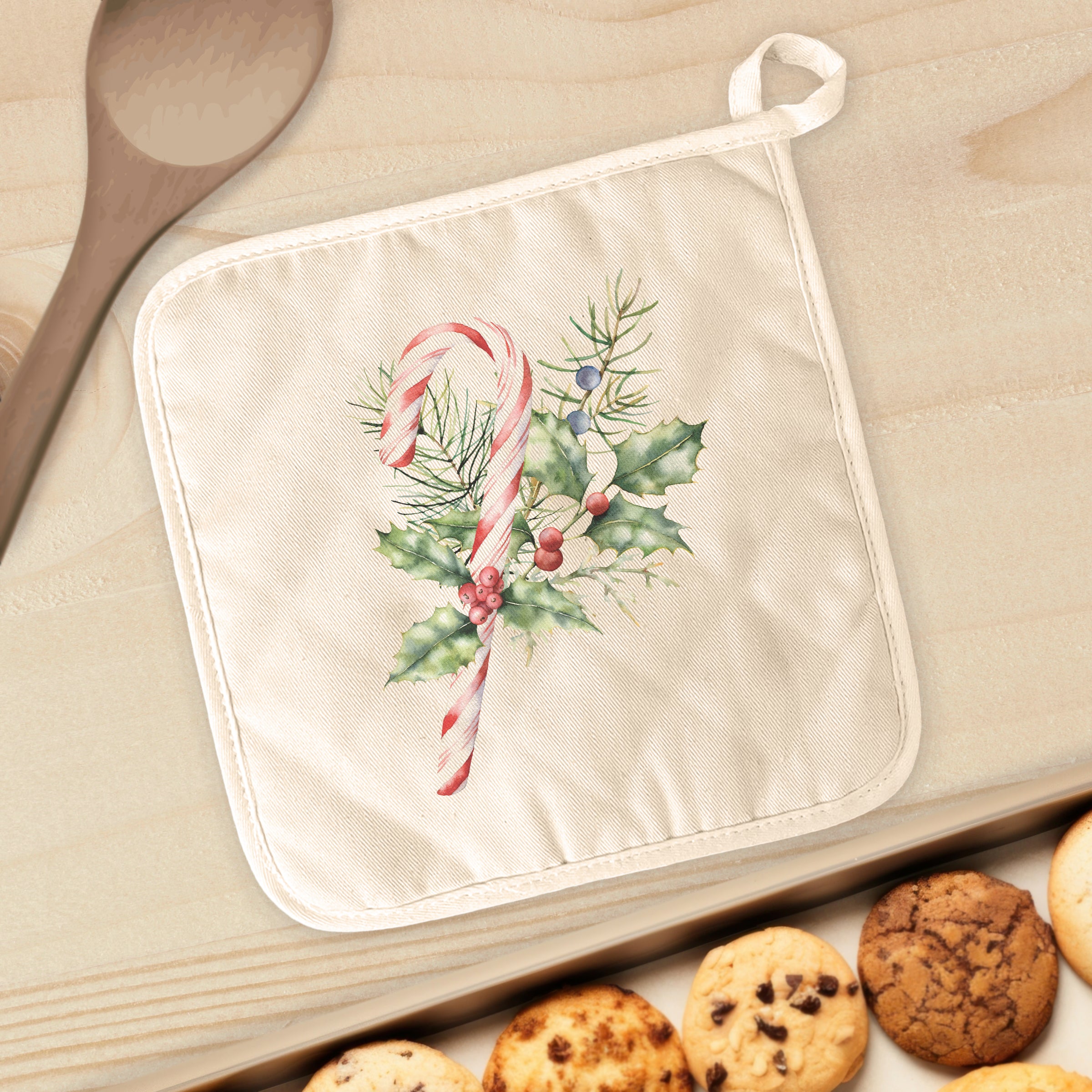 Candy Cane with Holly cotton pot holder featuring a festive design, perfect for protecting surfaces from hot cookware.