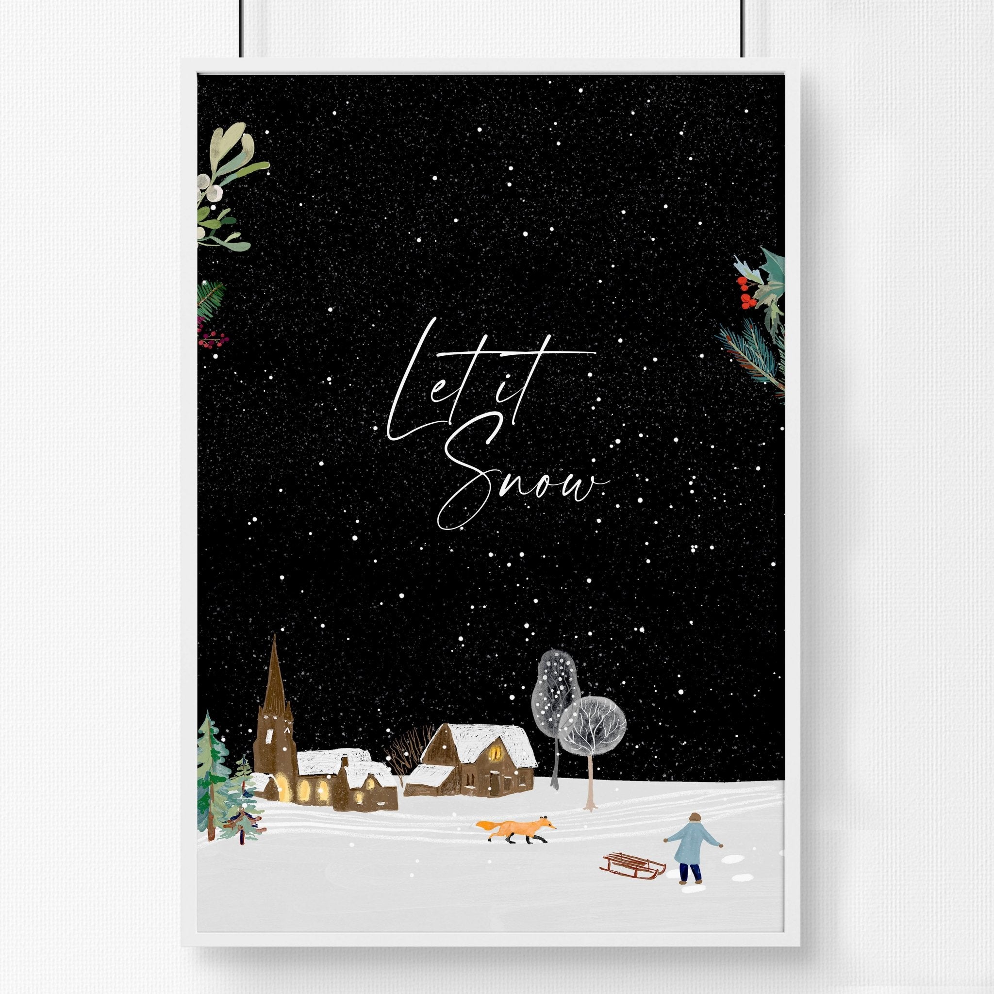 A beautiful Christmas decor village wall art print featuring a snowy landscape with joyful skaters and twinkling lights.