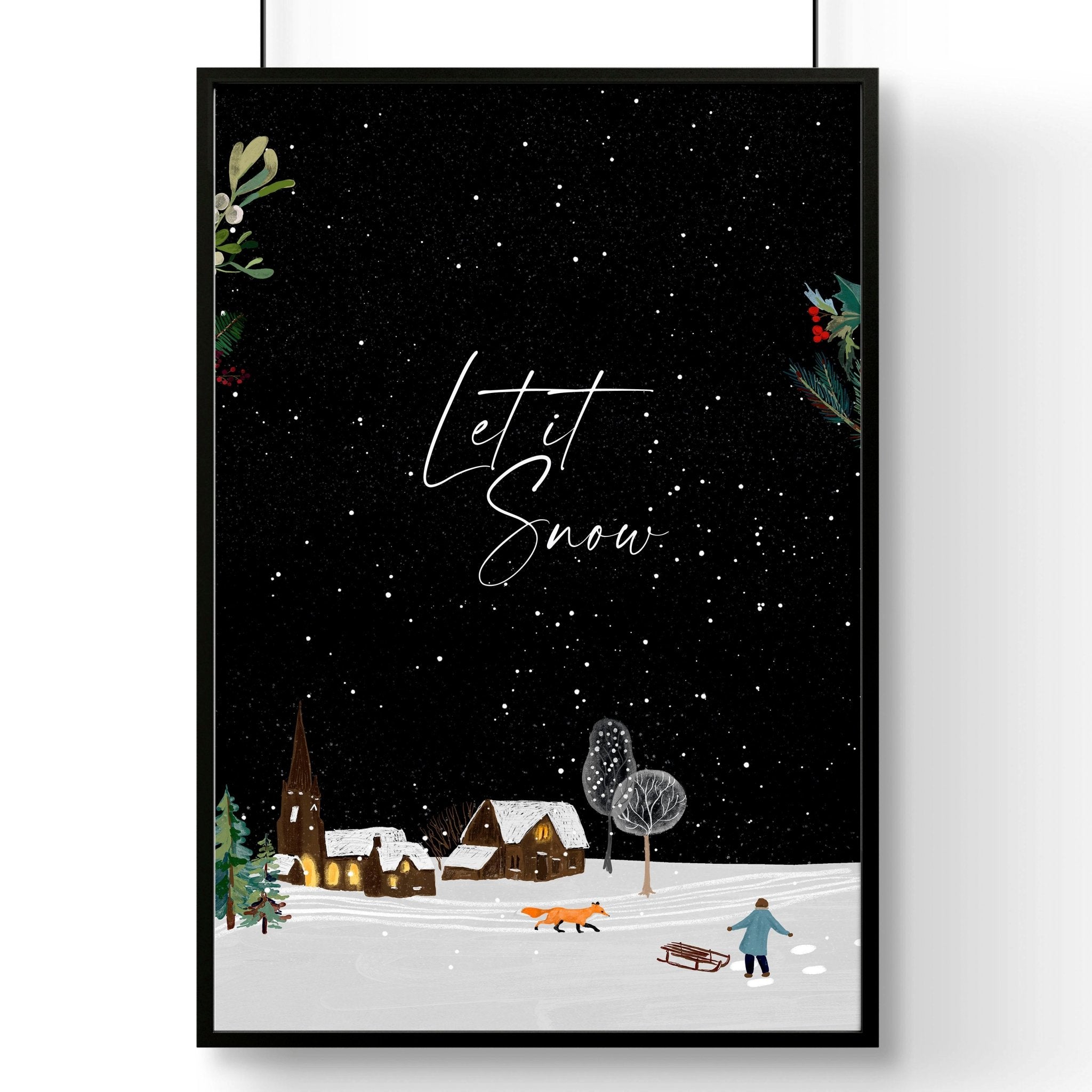 A beautiful Christmas decor village wall art print featuring a snowy landscape with joyful skaters and twinkling lights.