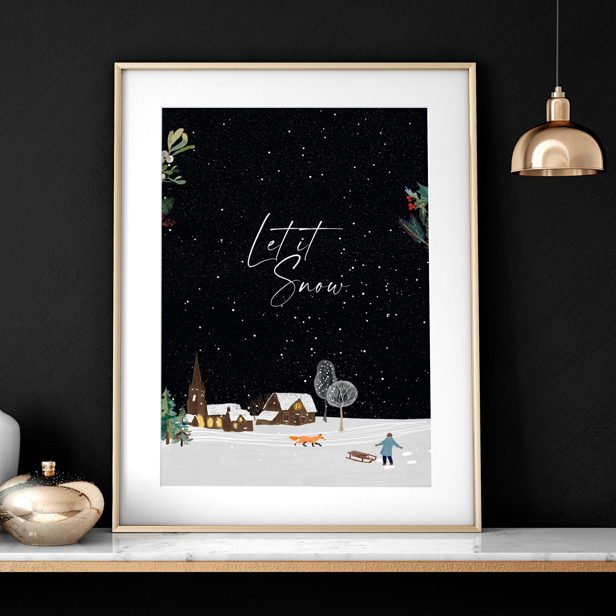 A beautiful Christmas decor village wall art print featuring a snowy landscape with joyful skaters and twinkling lights.