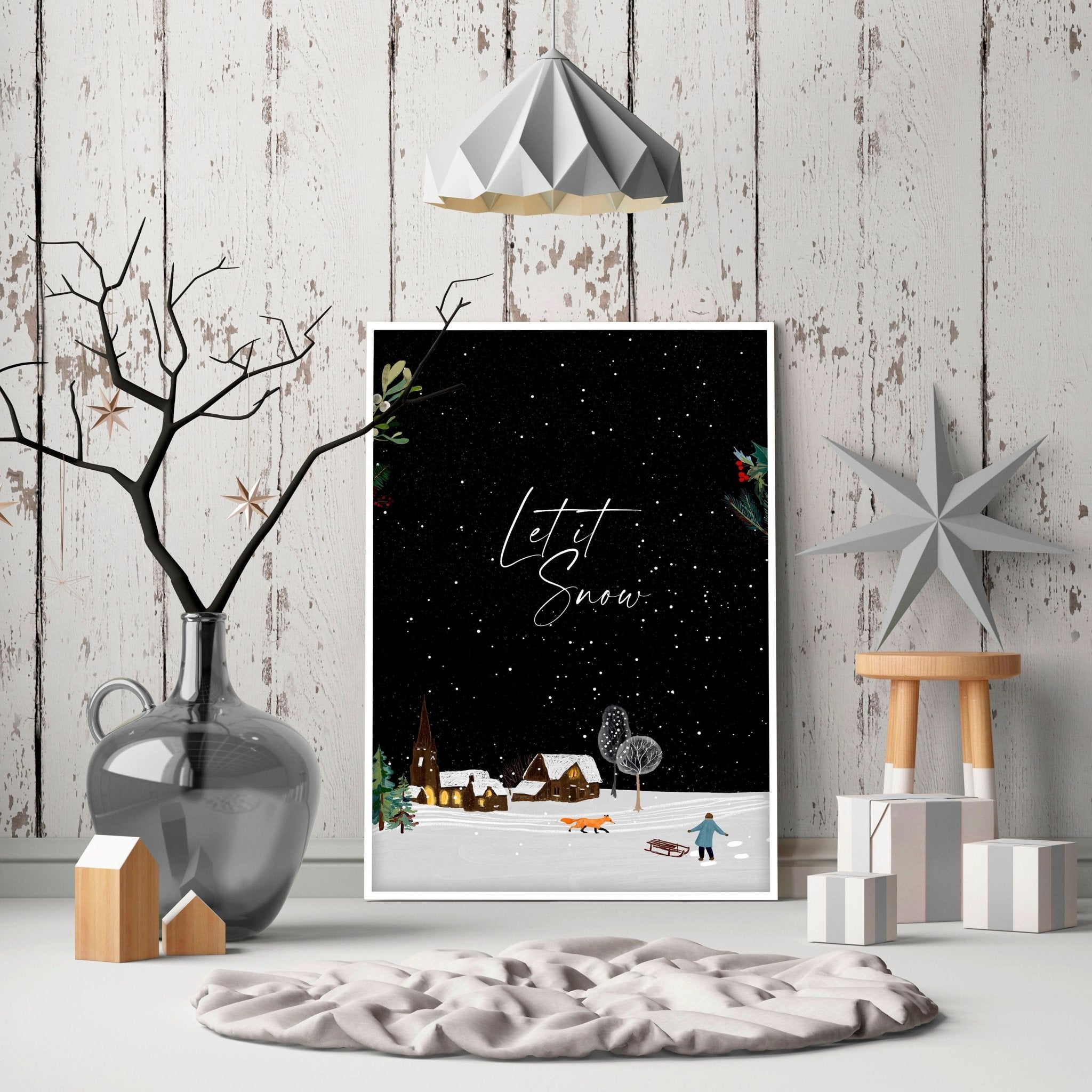 A beautiful Christmas decor village wall art print featuring a snowy landscape with joyful skaters and twinkling lights.