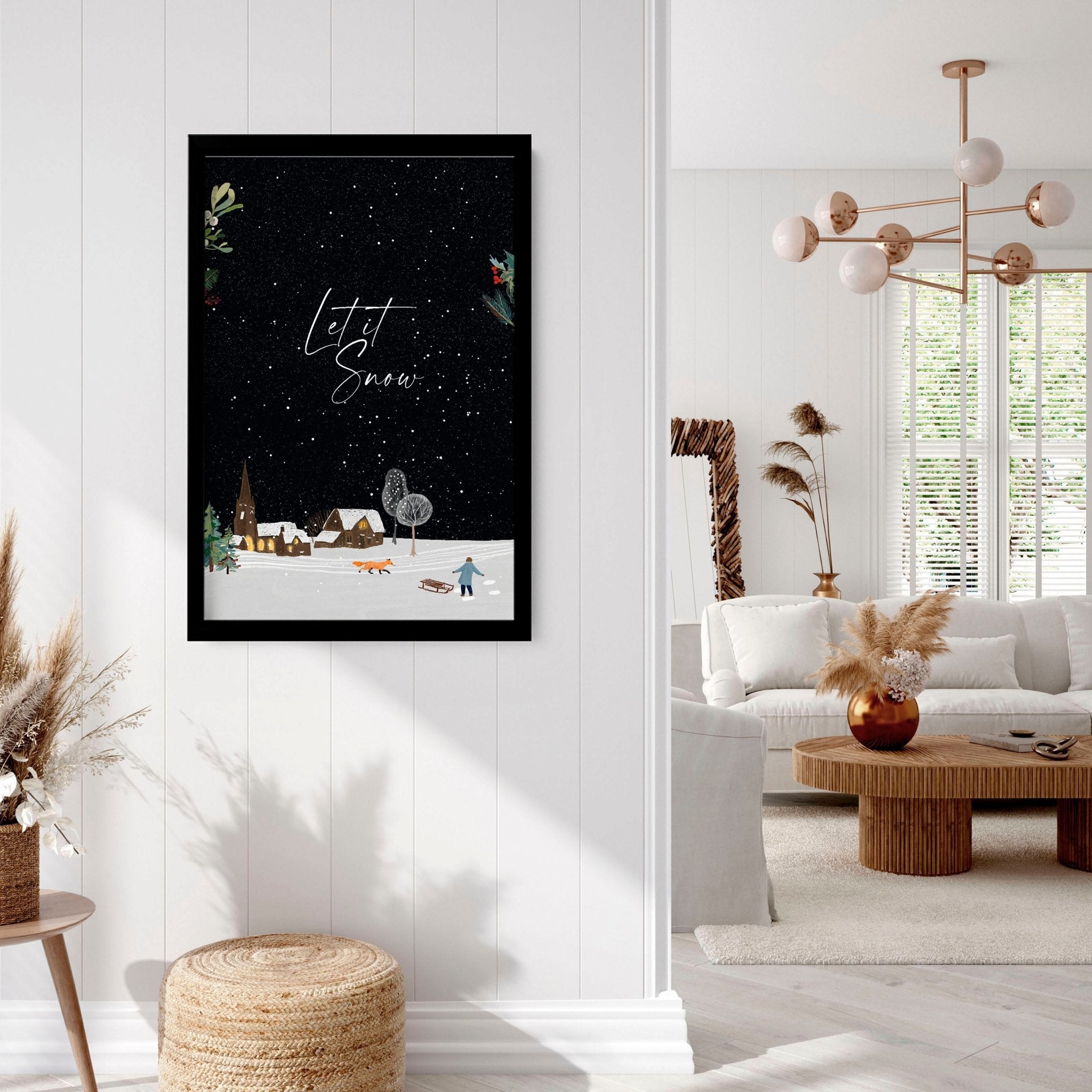 A beautiful Christmas decor village wall art print featuring a snowy landscape with joyful skaters and twinkling lights.