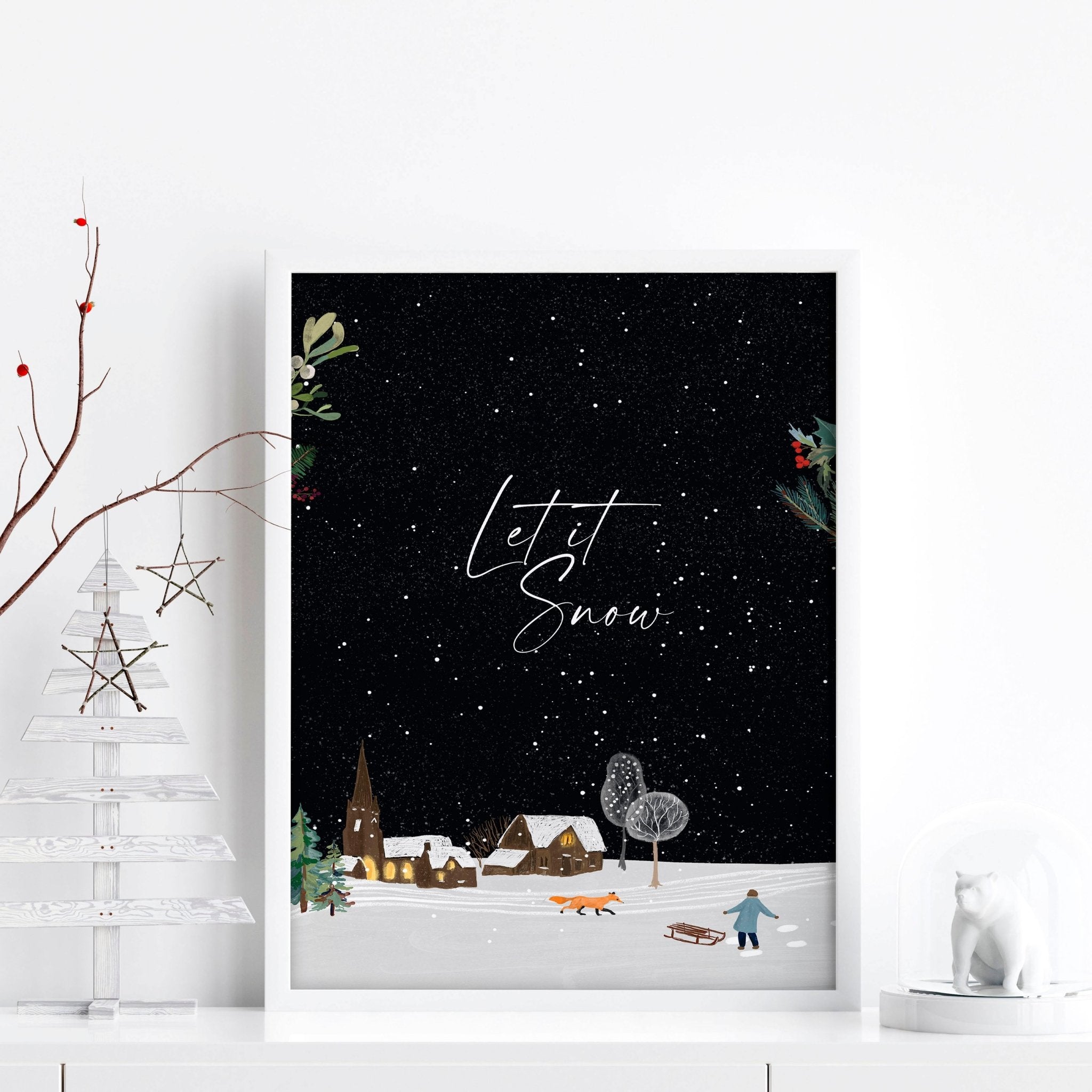 A beautiful Christmas decor village wall art print featuring a snowy landscape with joyful skaters and twinkling lights.