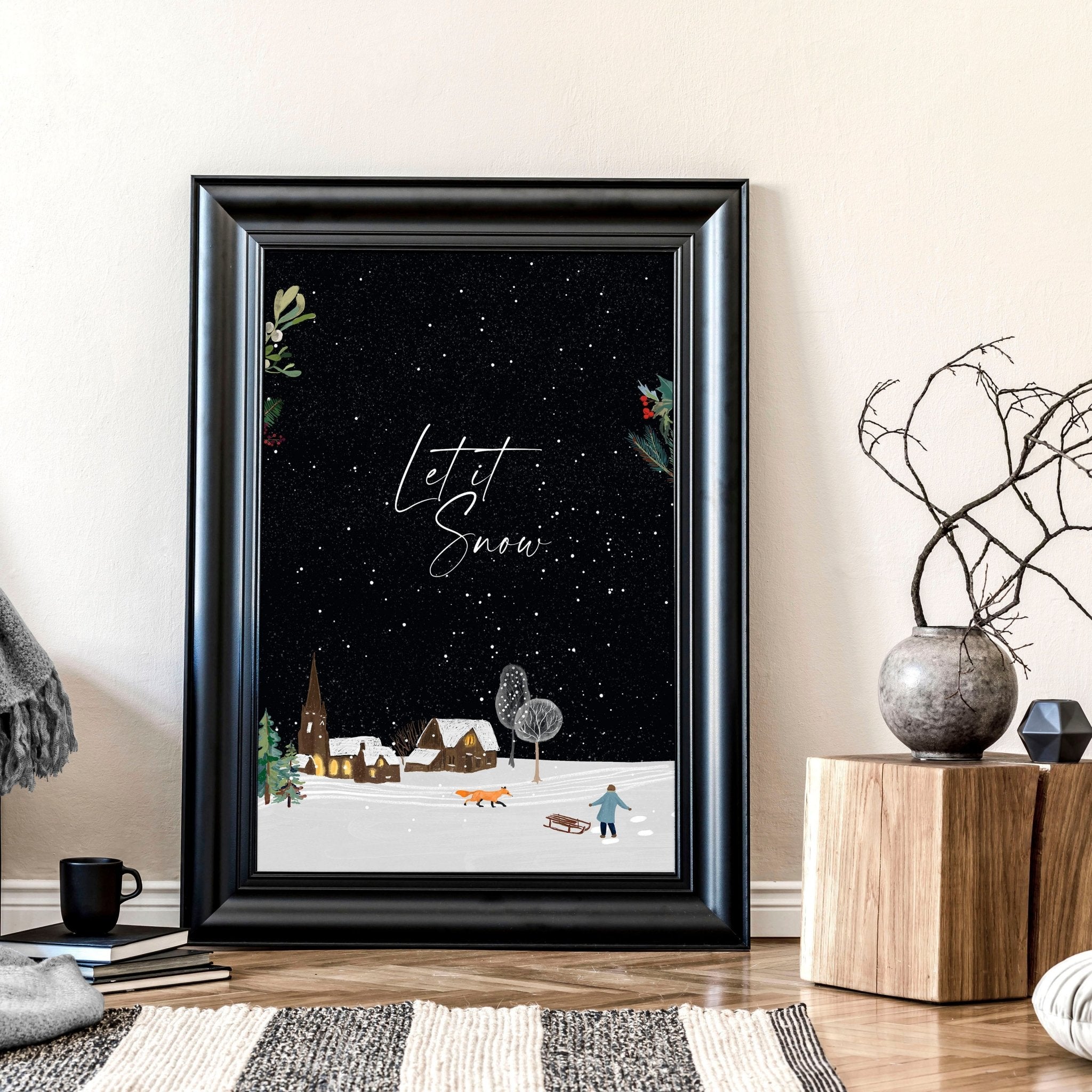 A beautiful Christmas decor village wall art print featuring a snowy landscape with joyful skaters and twinkling lights.