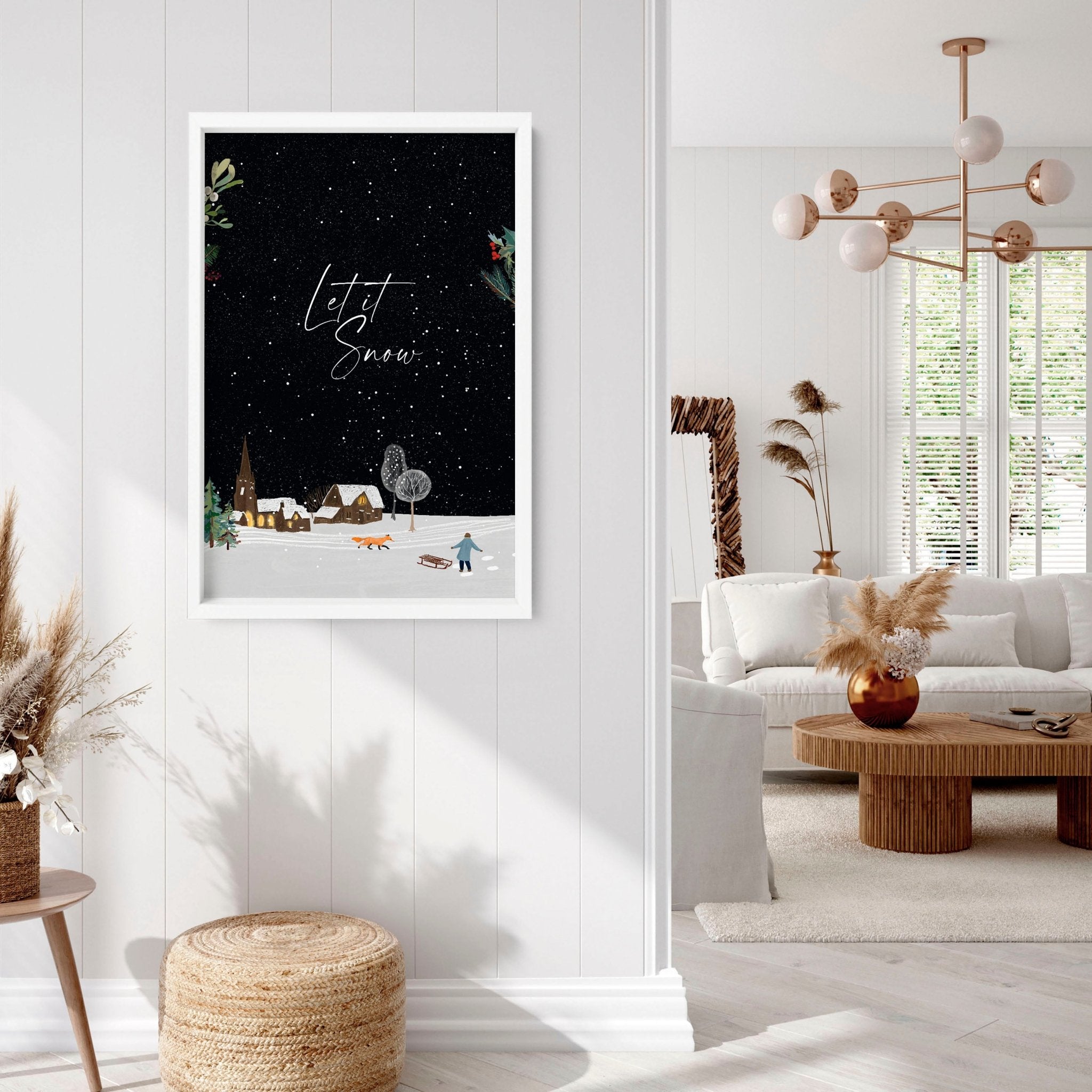 A beautiful Christmas decor village wall art print featuring a snowy landscape with joyful skaters and twinkling lights.