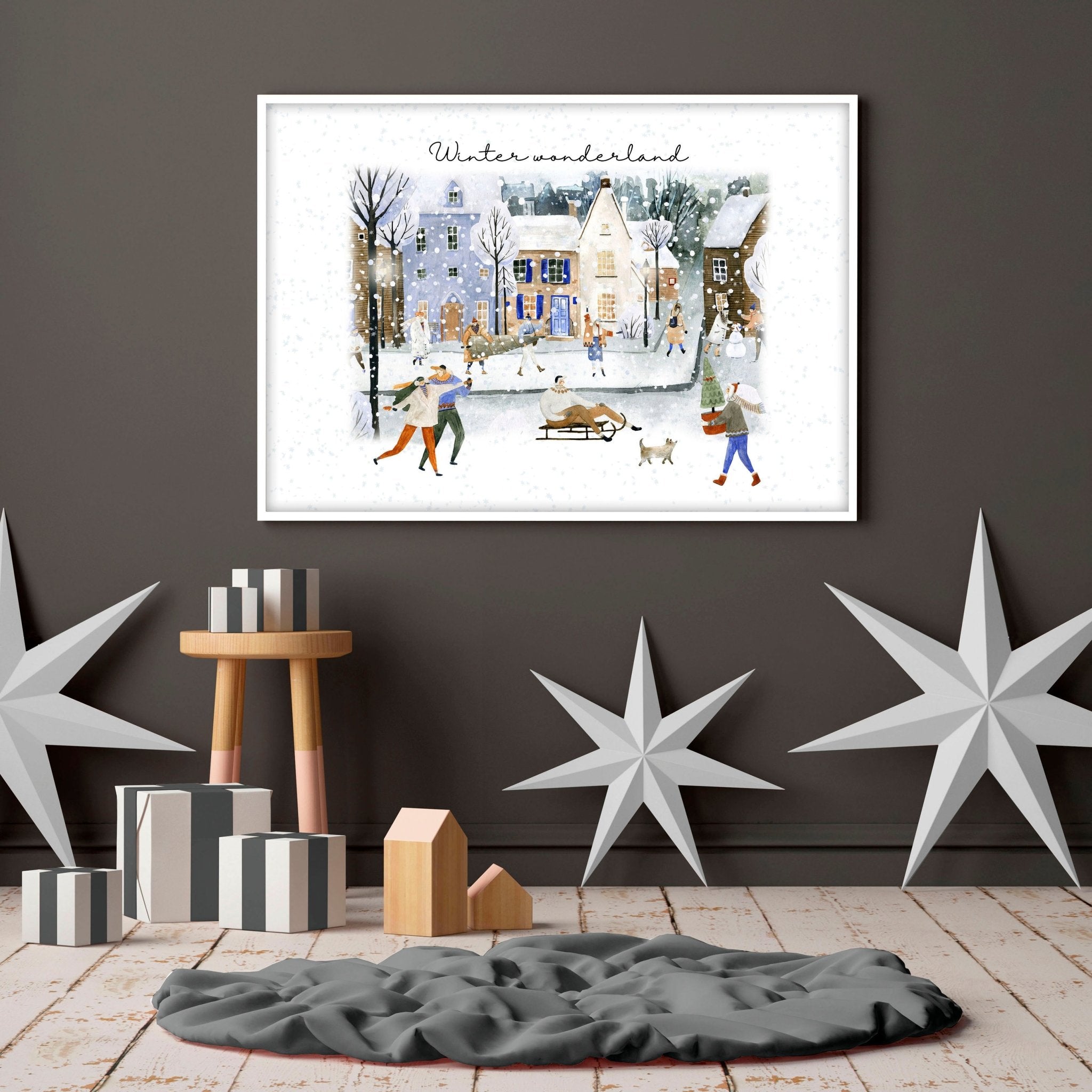 Large Christmas decoration wall art print featuring a snowy Scandinavian village with people skating on an iced pond, beautifully illustrated in watercolour.