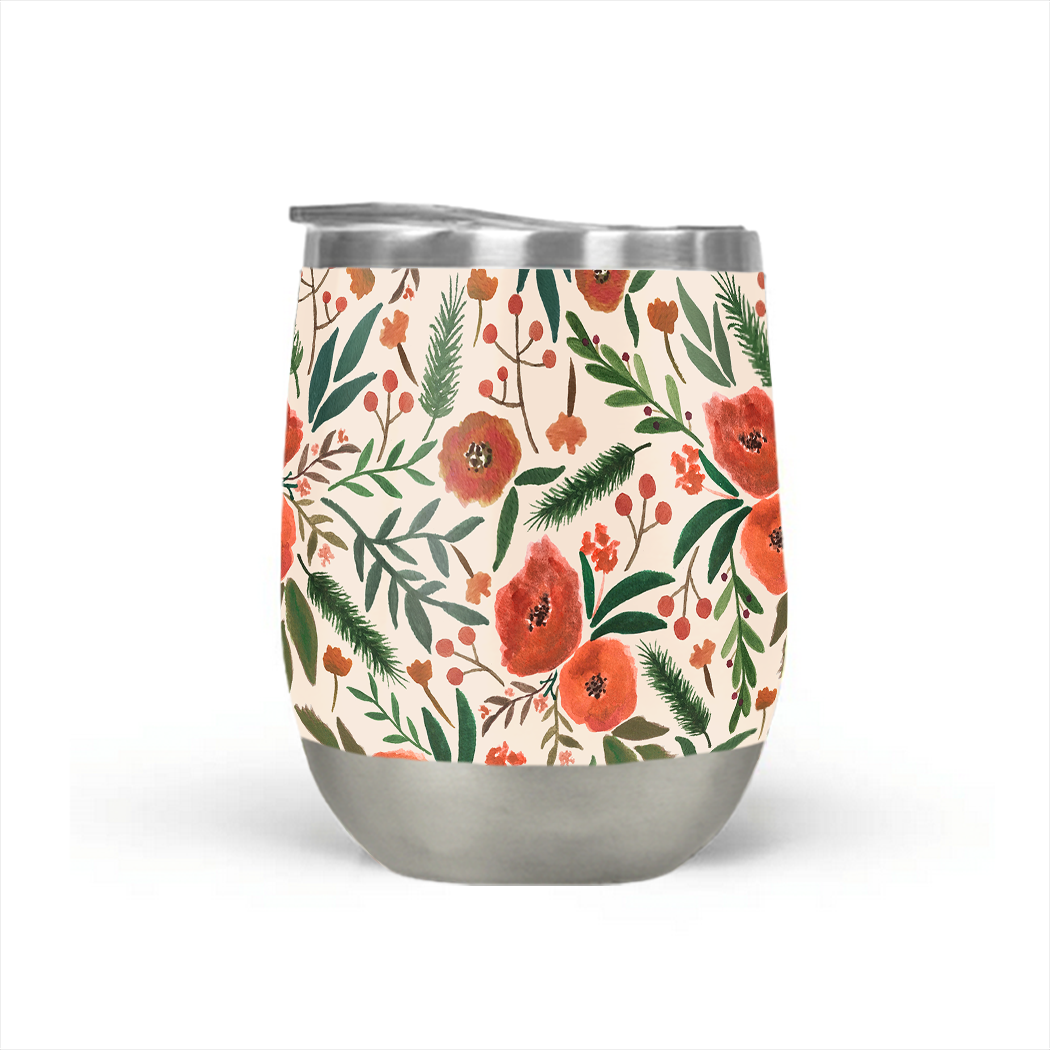 A stylish Christmas Floral Stemless Wine Tumbler featuring a vibrant floral design, perfect for outdoor parties and gatherings.