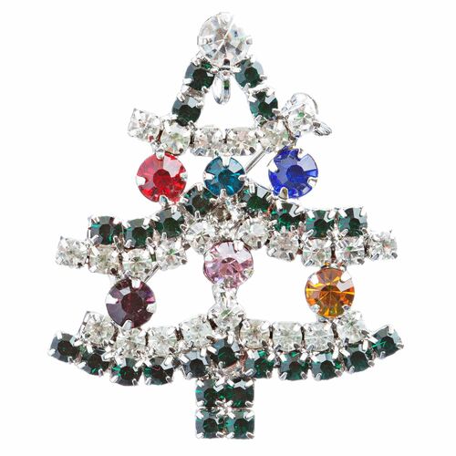 A beautiful Christmas Tree Pin featuring multi crystal rhinestones, rhodium plated for durability, showcasing a festive design perfect for holiday wear.