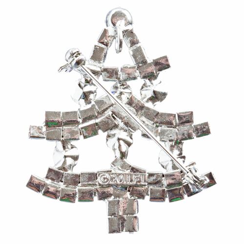 A beautiful Christmas Tree Pin featuring multi crystal rhinestones, rhodium plated for durability, showcasing a festive design perfect for holiday wear.