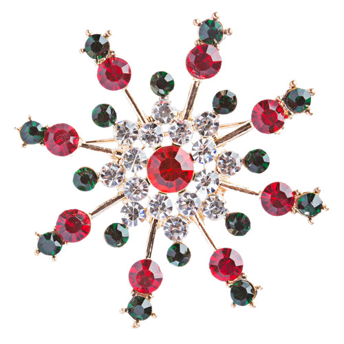 Colorful snowflake charm brooch featuring crystal rhinestones and gold plating, perfect for Christmas jewelry.