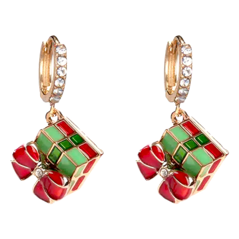 Elegant Christmas Jewelry Crystal Rhinestone Gift Box Dangle Charm Earrings featuring gold plating and colorful rhinestones.