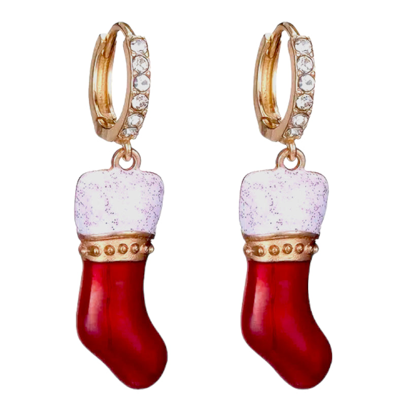 Elegant Christmas Jewelry Crystal Rhinestone Socks Dangle Charm Earrings featuring gold plating and colorful rhinestones.