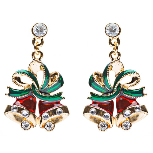 Elegant Christmas Jewelry Crystal Rhinestone Twin Bell Dangle Earrings in gold and red, featuring a festive design with enamel coating.