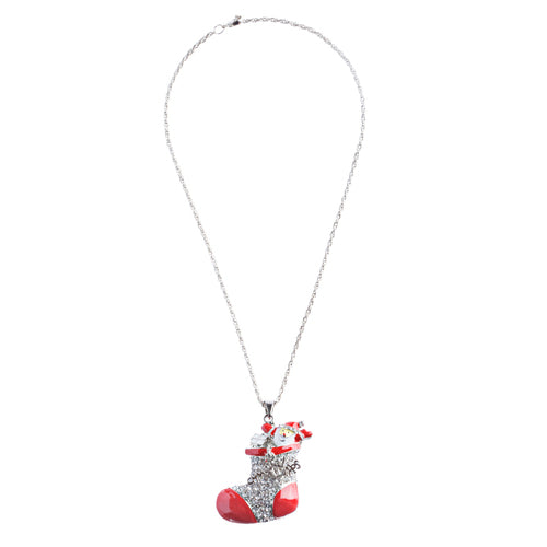 A festive necklace featuring a Santa Claus pendant adorned with clear crystal rhinestones, set against a vibrant red, green, and silver color scheme.