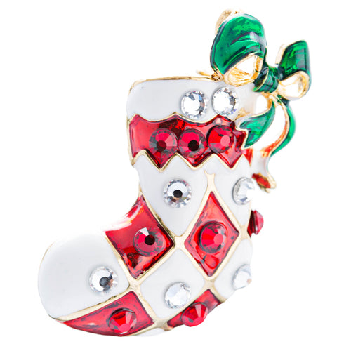 Christmas Jewelry featuring a red and white sock design with a green ribbon and gold tone crystals, perfect for holiday celebrations.