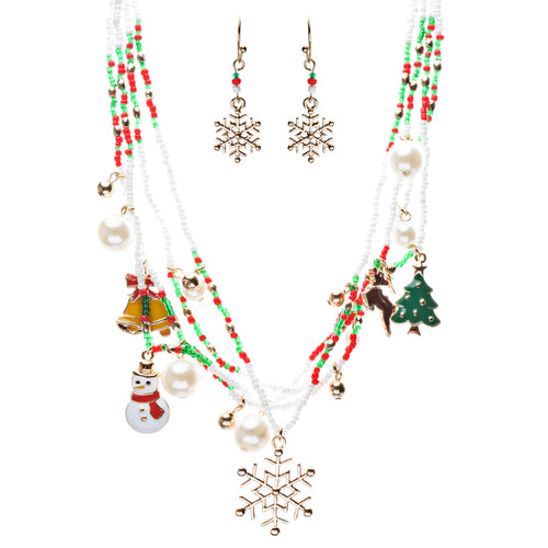 Christmas Jewelry Necklace Set featuring Snowflake, Rudolph, Snowman, and Tree Charms with Gold Plating and Crystal Rhinestones.