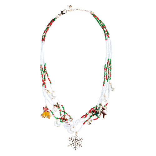 Christmas Jewelry Necklace Set featuring Snowflake, Rudolph, Snowman, and Tree Charms with Gold Plating and Crystal Rhinestones.
