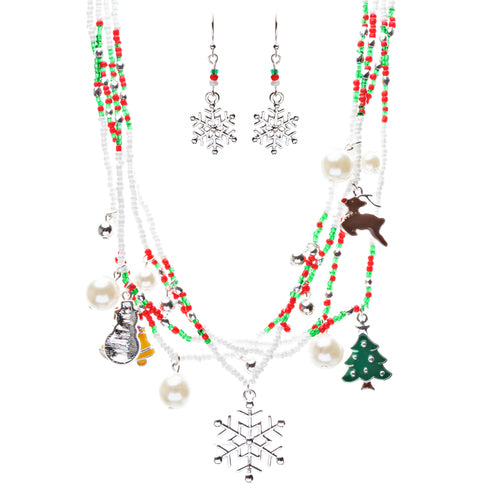 Christmas Jewelry Necklace Set featuring snowflake, Rudolph, and snowman charms with vibrant colors and crystal rhinestones.
