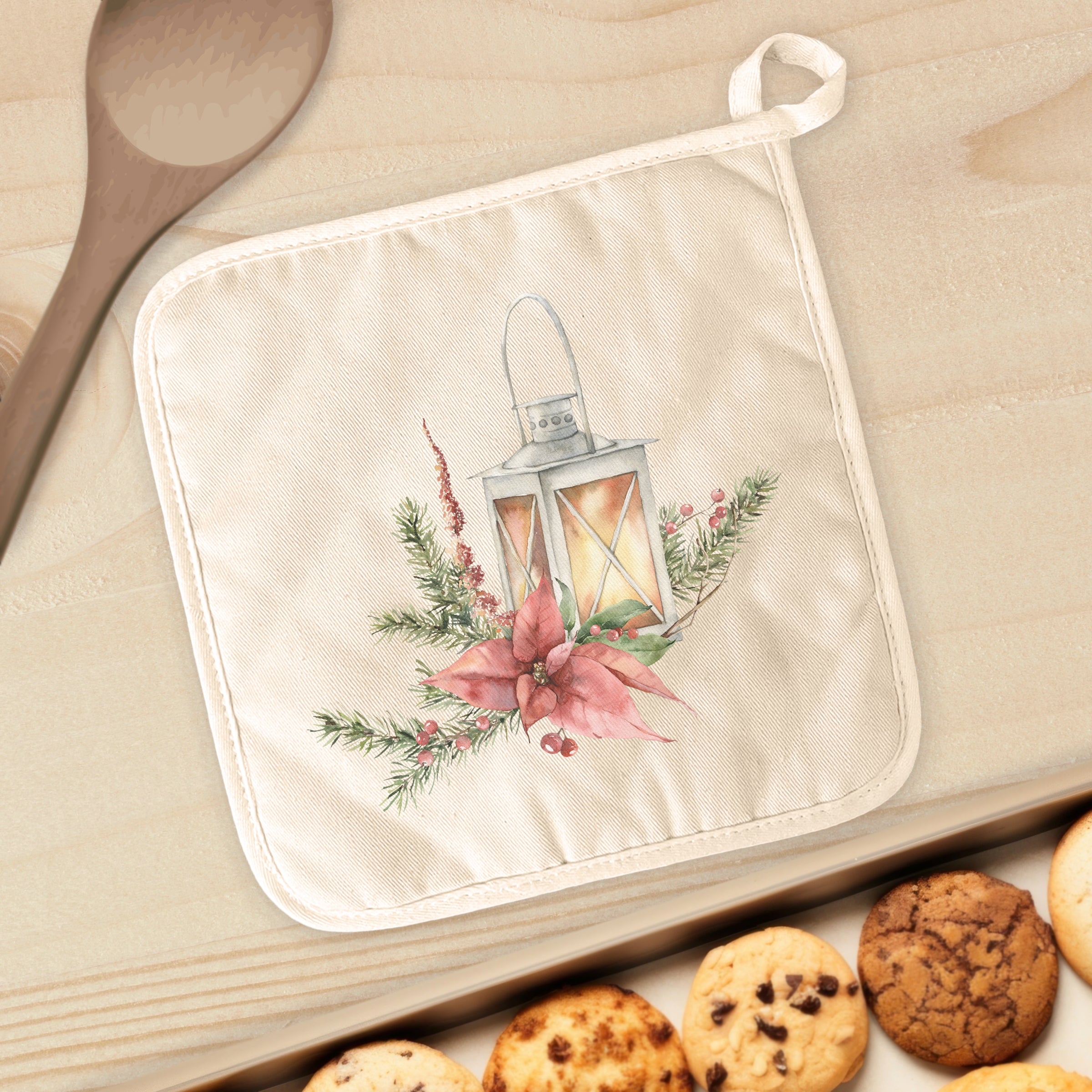 A festive Christmas Lantern cotton pot holder featuring vibrant colors and a quilted terry cloth design, perfect for protecting surfaces from hot cookware.