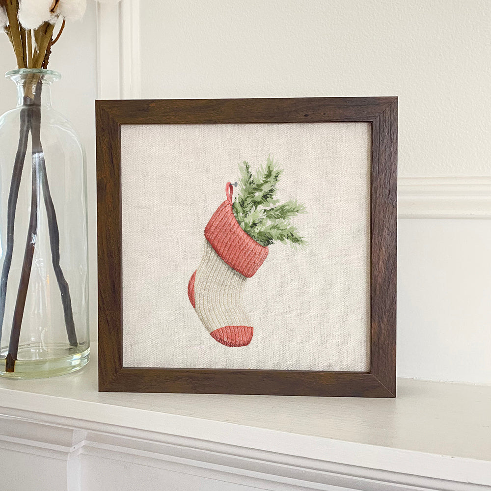 Christmas Pine Bouquet framed sign with a rustic wood frame, featuring a linen-look background and eco-friendly printing.