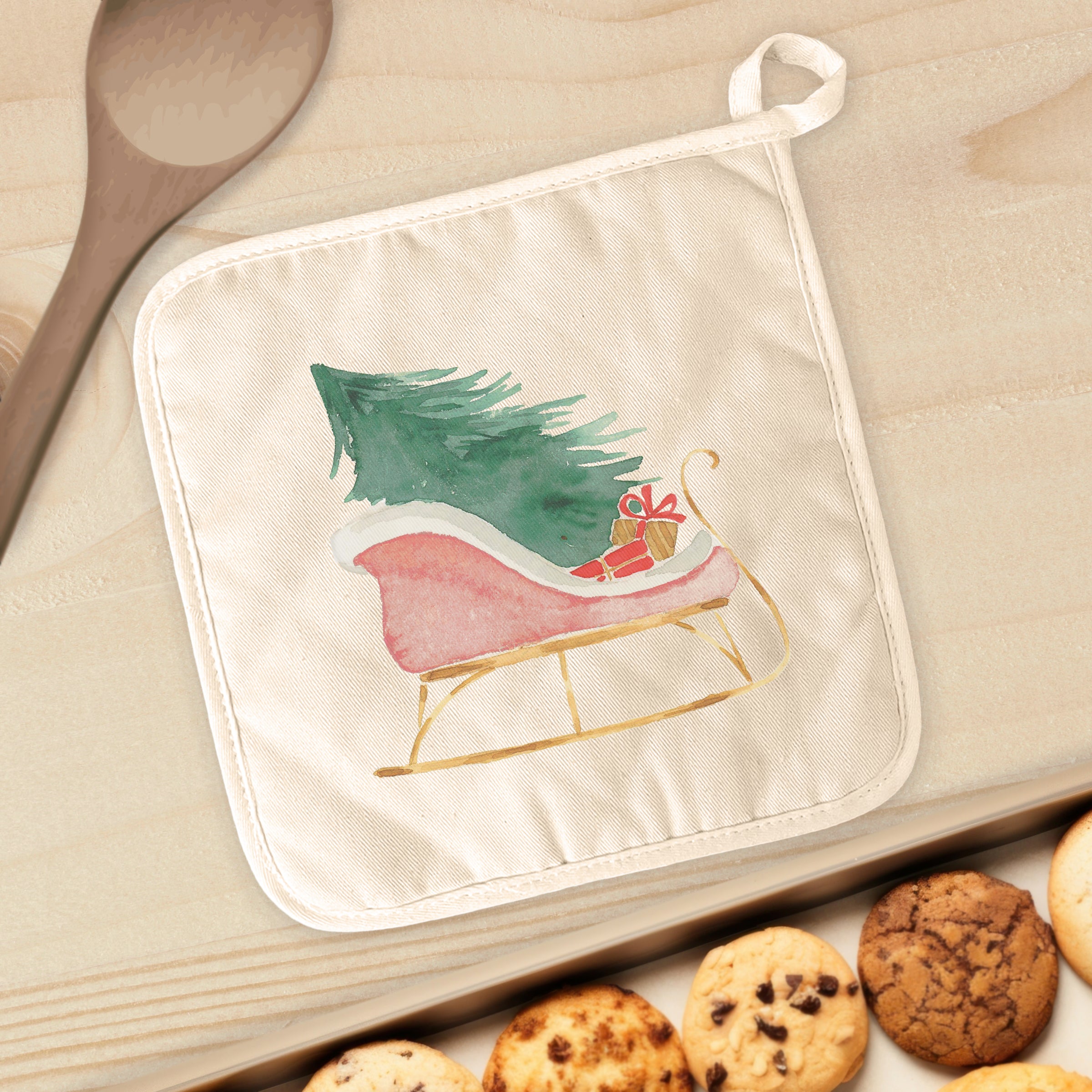 Christmas Sleigh cotton pot holder featuring vibrant holiday design, perfect for protecting surfaces from hot cookware.