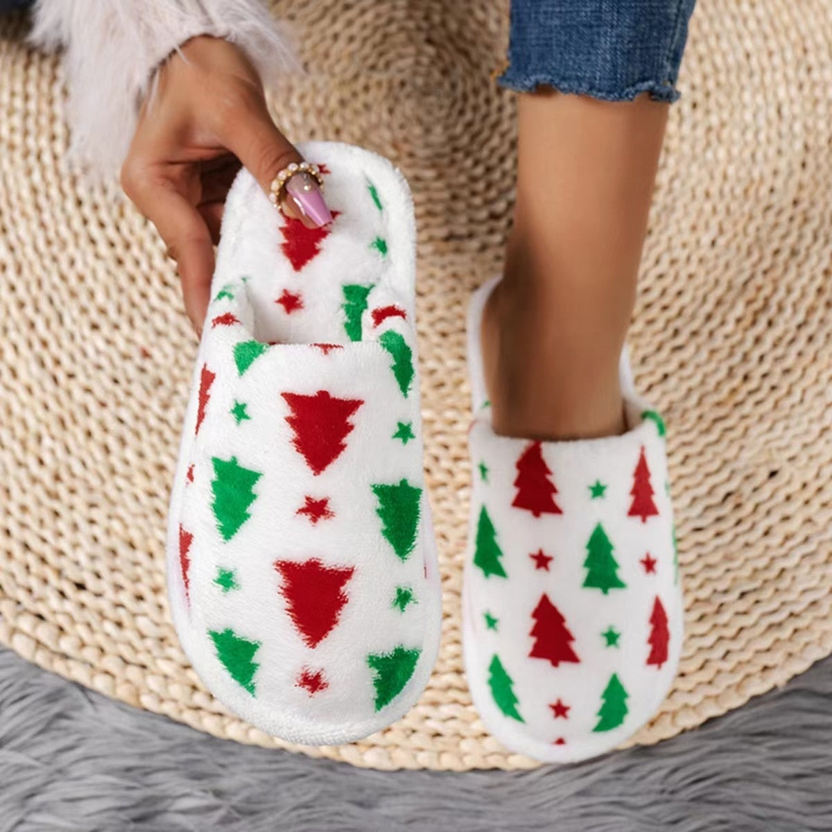 Cozy Christmas Tree Pattern Furry Slippers for Family, featuring a festive design and soft material, perfect for winter wear.