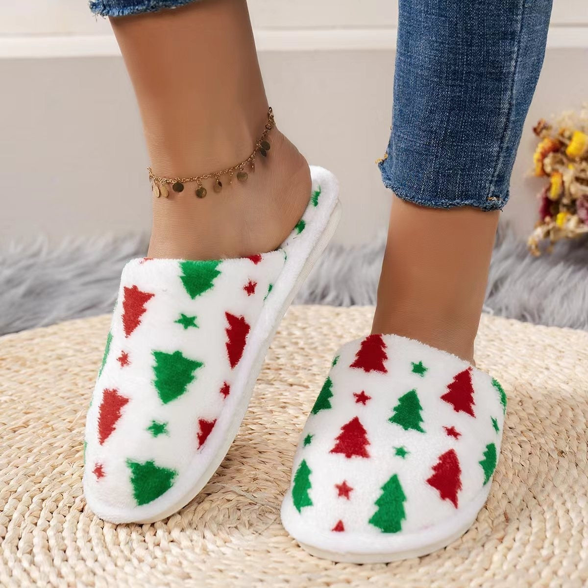 Cozy Christmas Tree Pattern Furry Slippers for Family, featuring a festive design and soft material, perfect for winter wear.