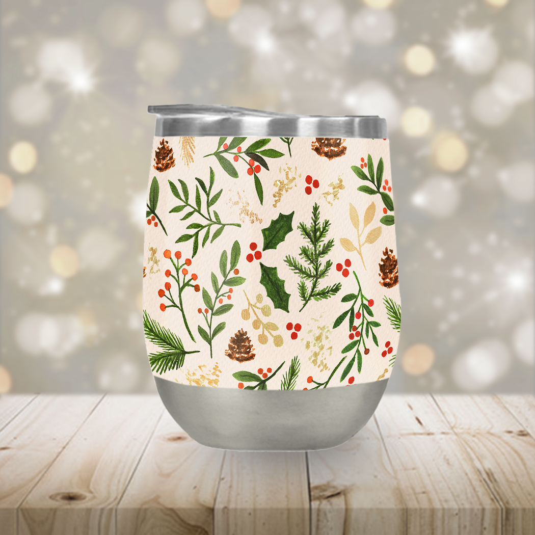 A beautifully designed Christmas Watercolor Stemless Wine Tumbler featuring festive colors and patterns, perfect for holiday celebrations.