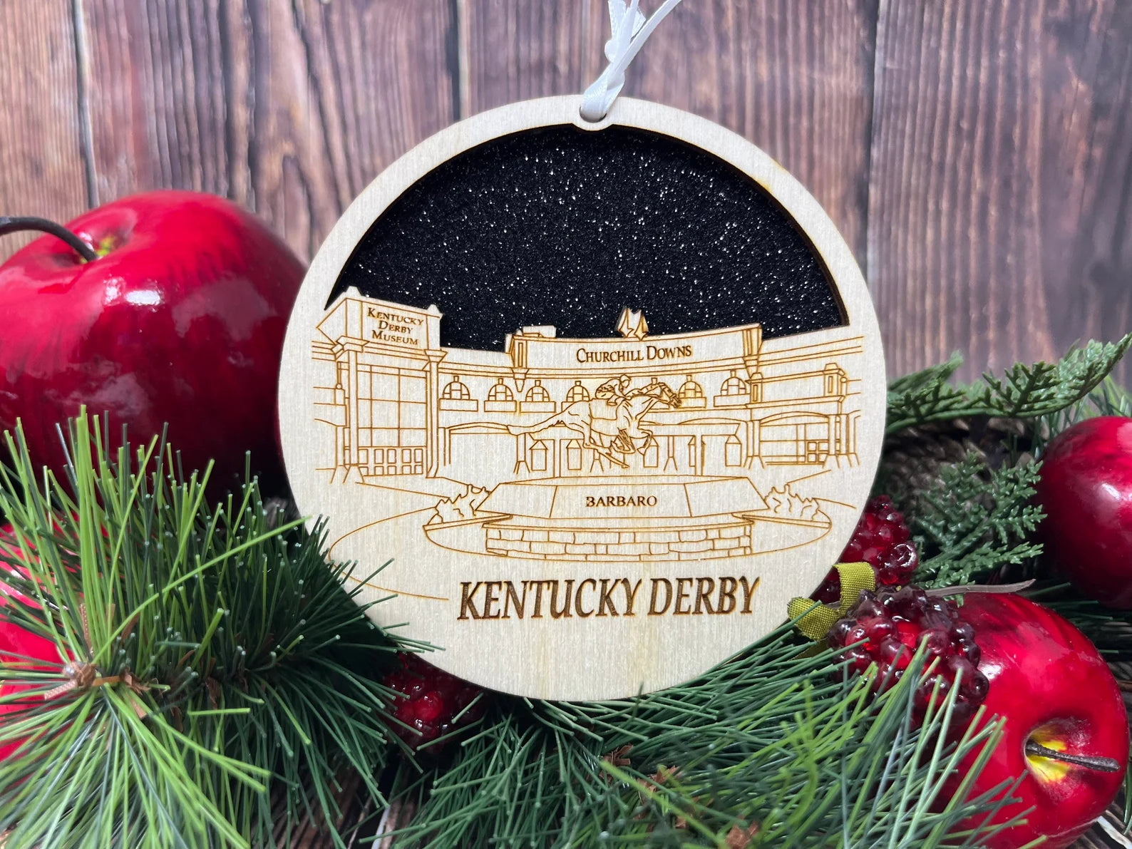 Churchhill Downs Kentucky Derby Ornament made from premium Baltic birch wood, featuring a detailed city skyline design.