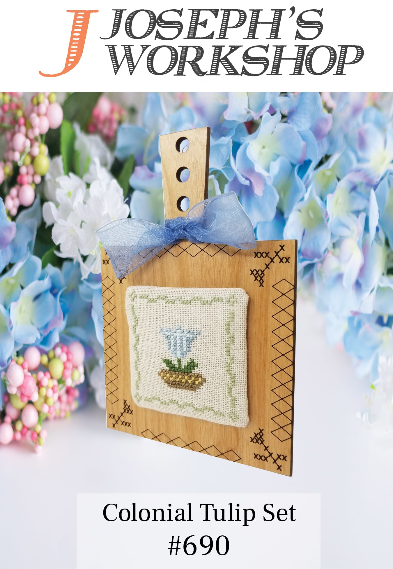 Colonial Tulip Set featuring stitched tulip design on 32 ct lambswool with hornbook.