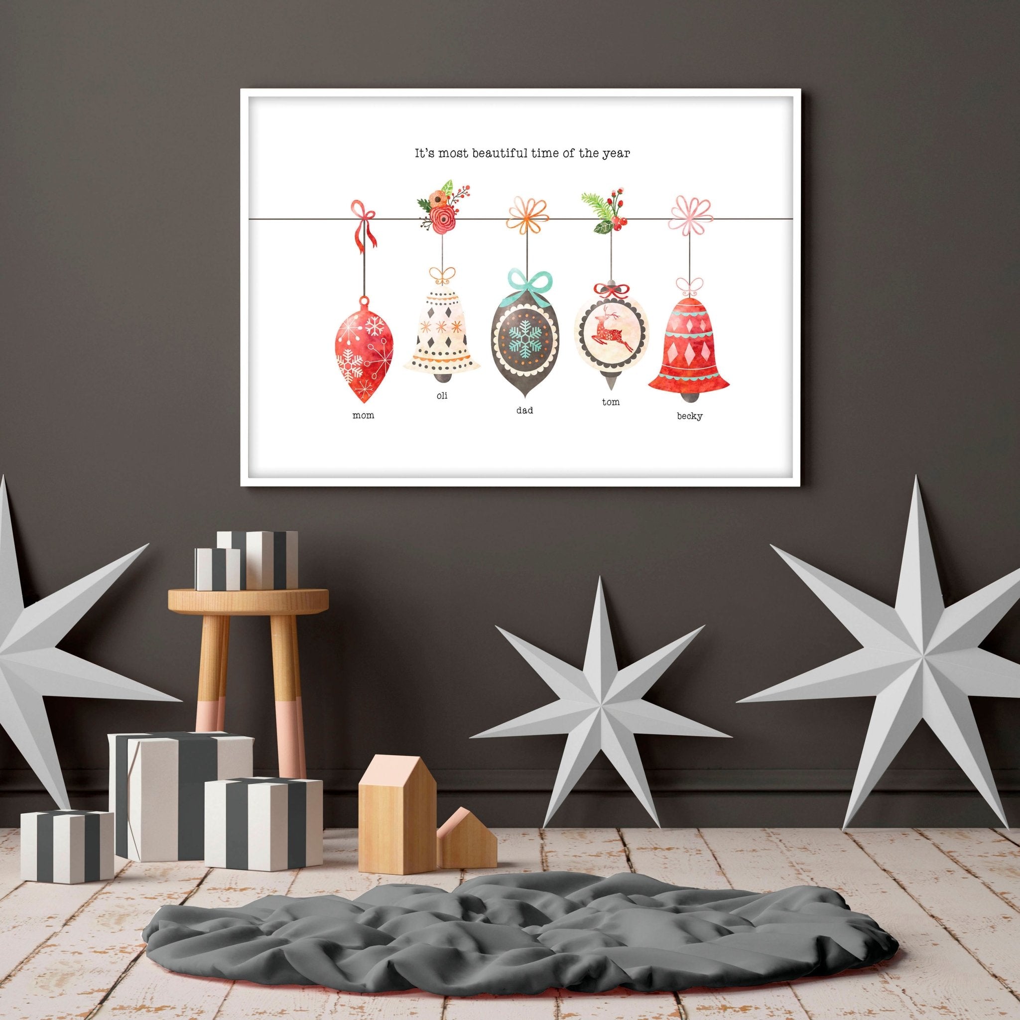 Custom family Christmas wall art print featuring colorful ornaments and a decorated Christmas tree, personalized with family names.